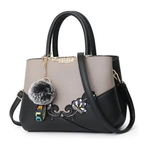 Black And Grey  French Hobo With Faux - Fur Cham Shape Tote Handbag