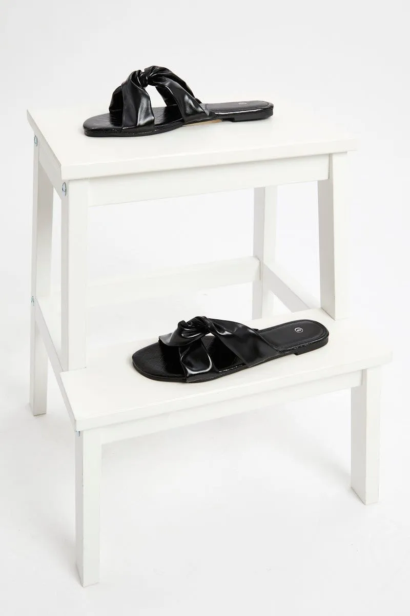 Black Woven Faux Leather Flat Slides