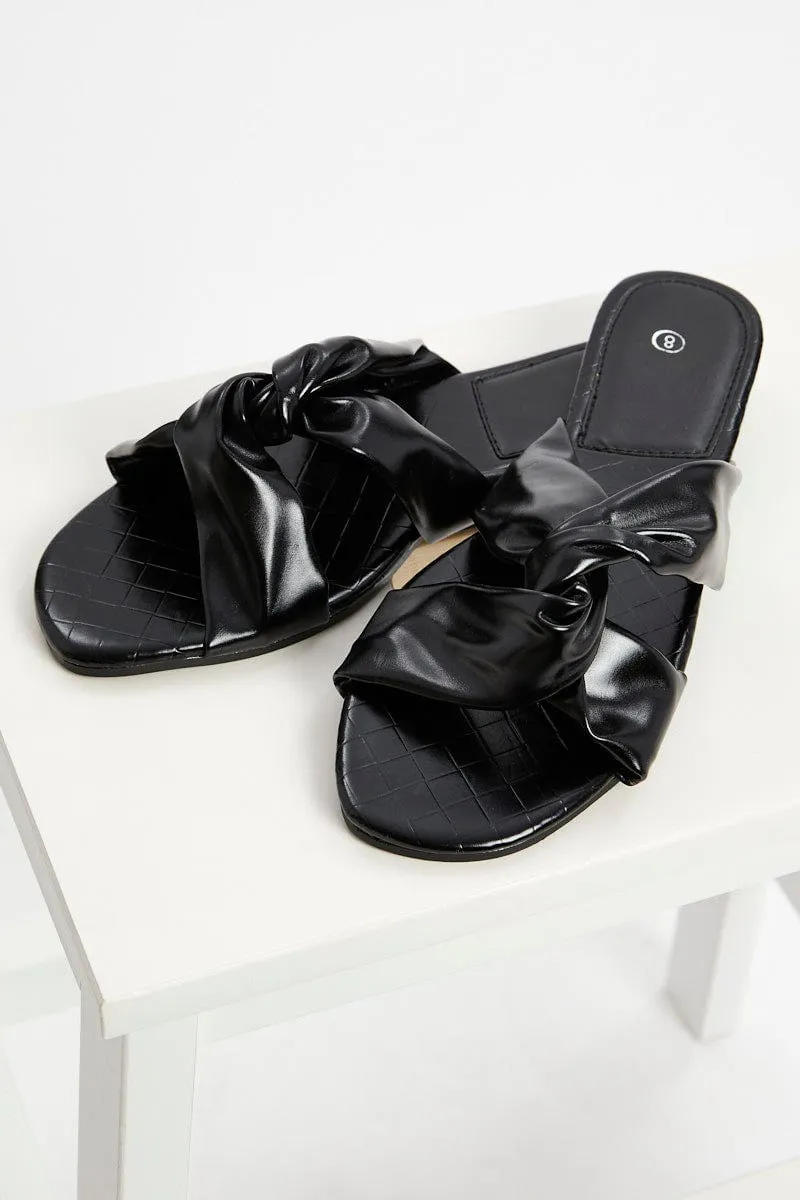Black Woven Faux Leather Flat Slides