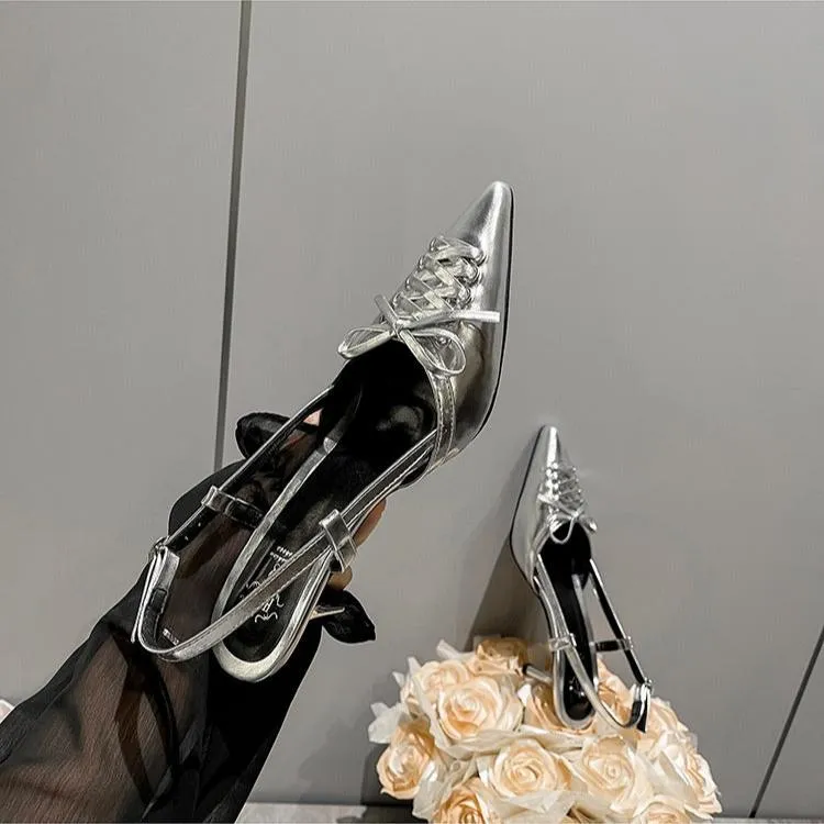 Bow Lace-up Metallic Pointed Heels