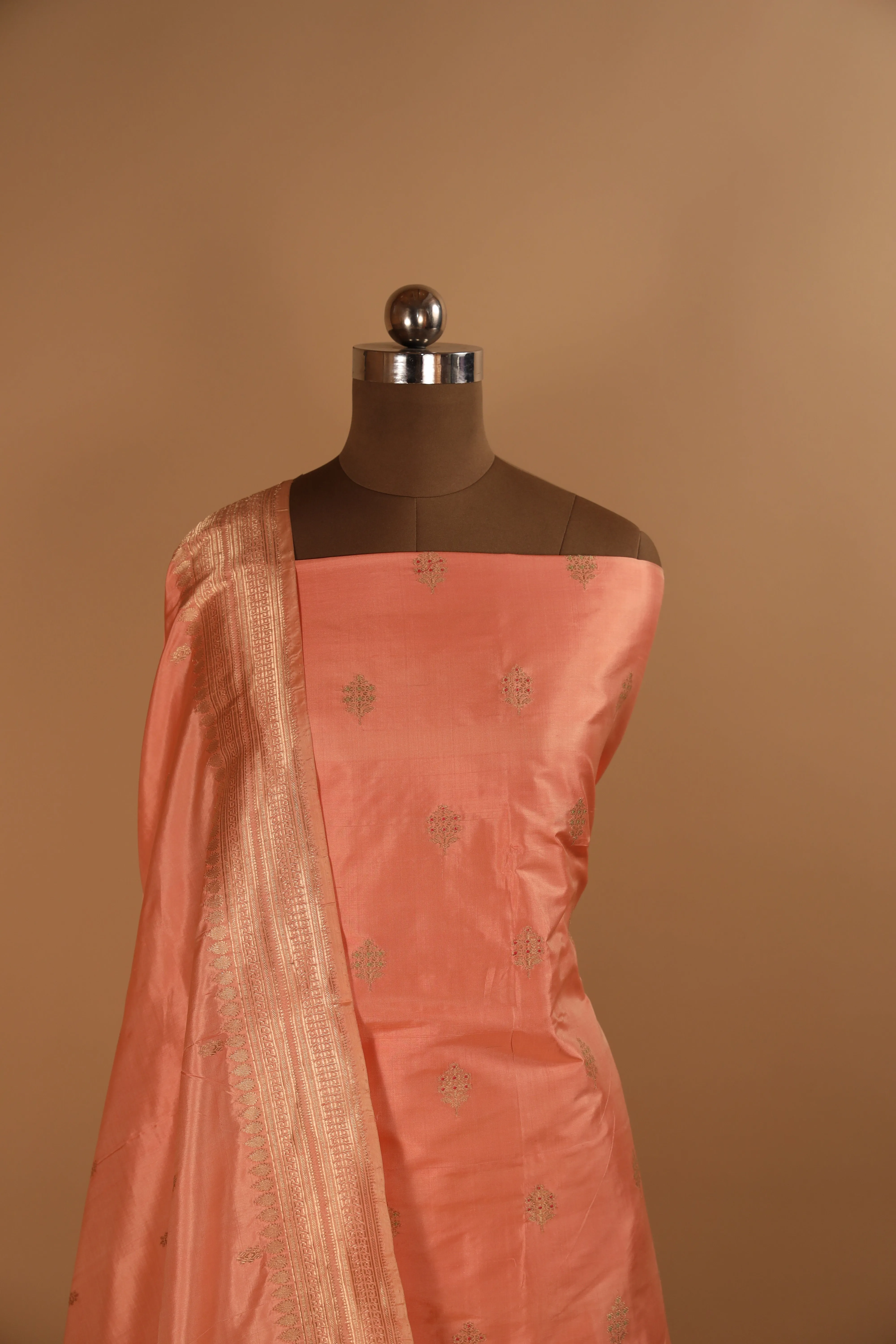 Hand Woven Peach Pure Silk Suit Dupatta