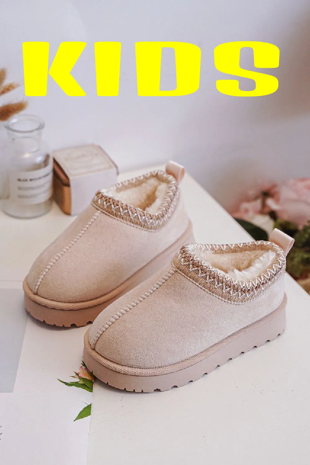 KIDS EMBROIDERY DETAIL FAUX FUR LINING SLIPPERS IN LIGHT BEIGE 19-24 SIZES