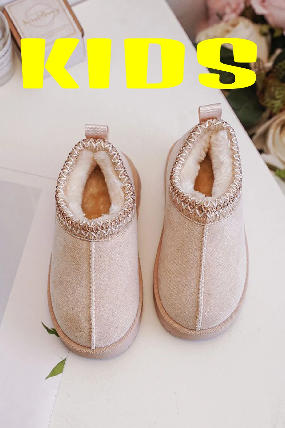 KIDS EMBROIDERY DETAIL FAUX FUR LINING SLIPPERS IN LIGHT BEIGE 19-24 SIZES