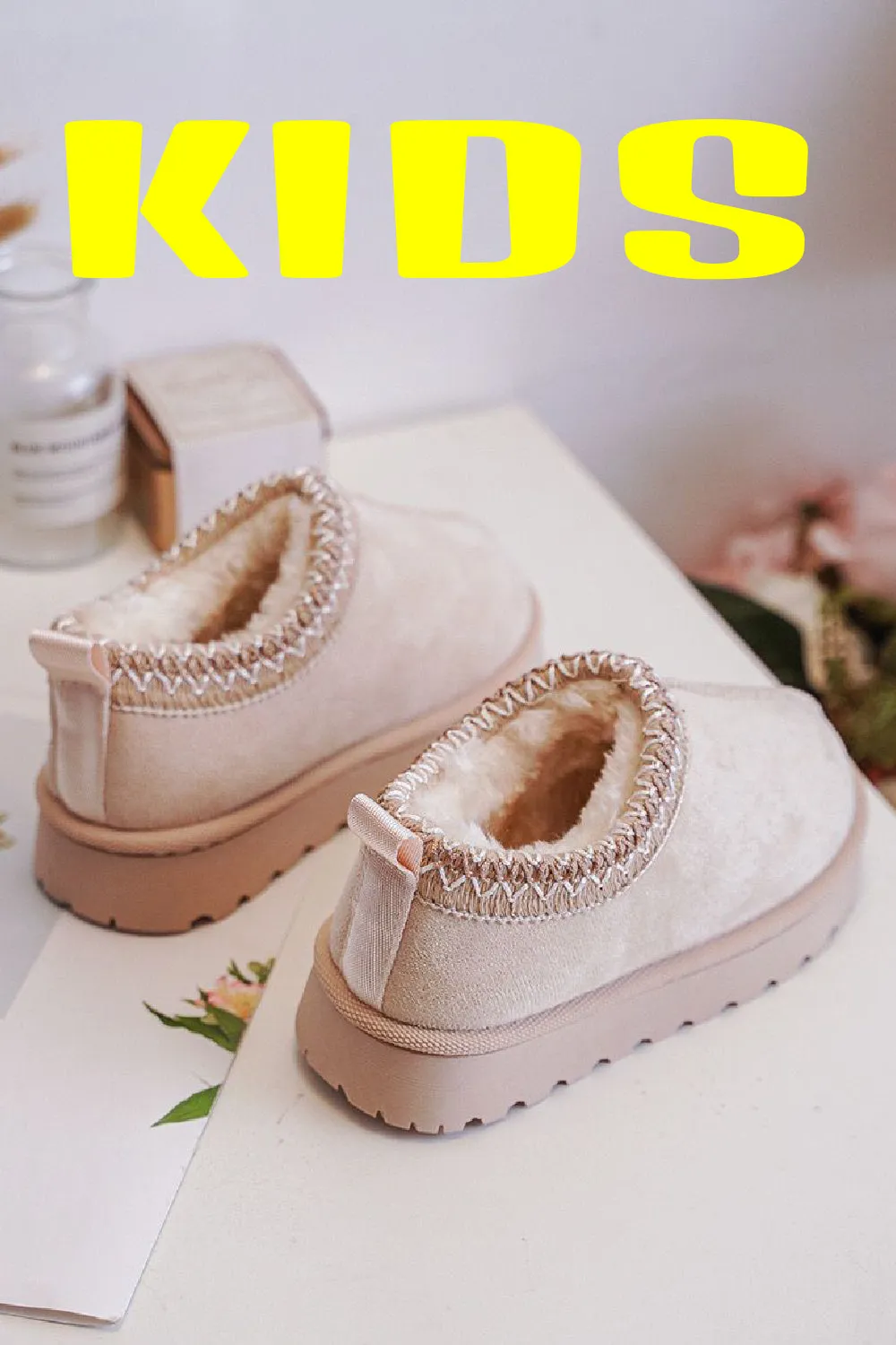 KIDS EMBROIDERY DETAIL FAUX FUR LINING SLIPPERS IN LIGHT BEIGE 19-24 SIZES