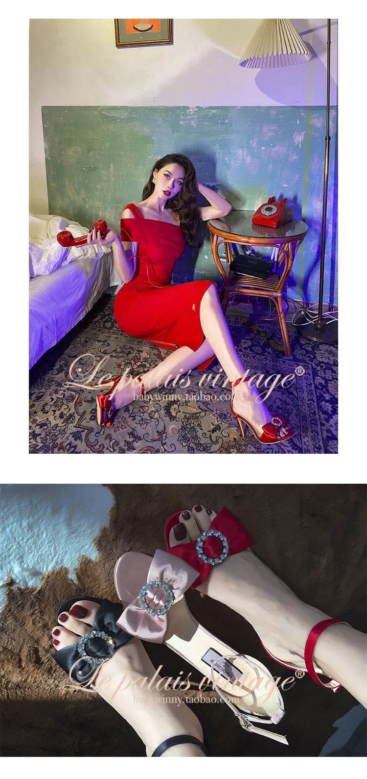 Le palais vintage original silk-satin bows and sparkling diamond heels - Minti