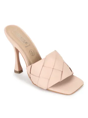 Nude PU Woven Strap Stiletto Mules