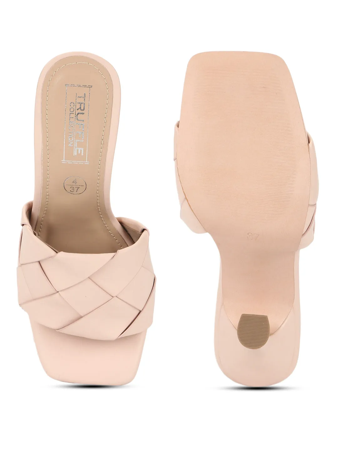 Nude PU Woven Strap Stiletto Mules