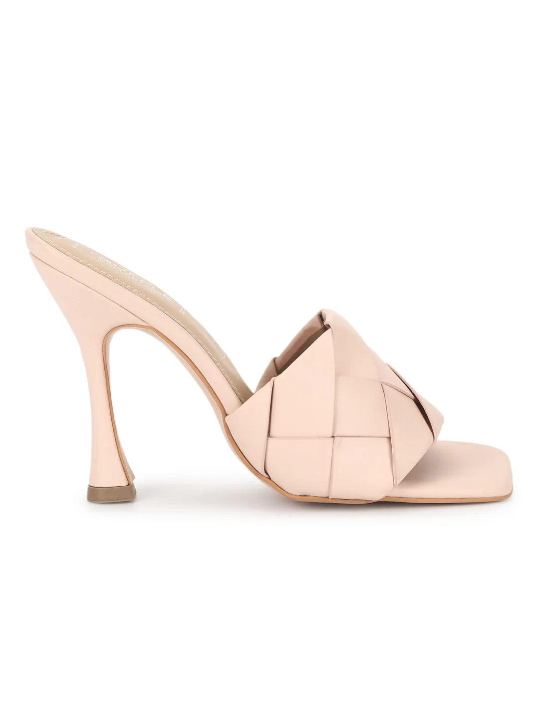 Nude PU Woven Strap Stiletto Mules