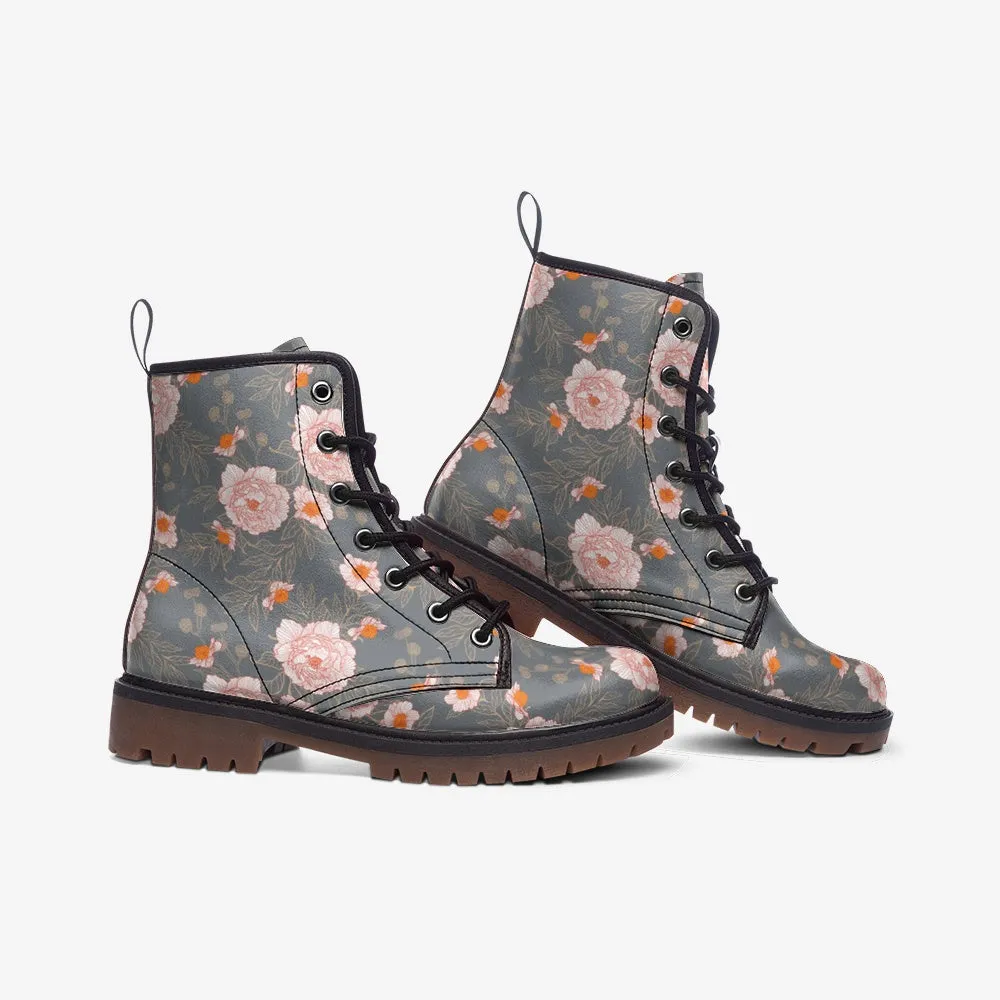 Orange Peonies Floral Gray Lace Up Boots