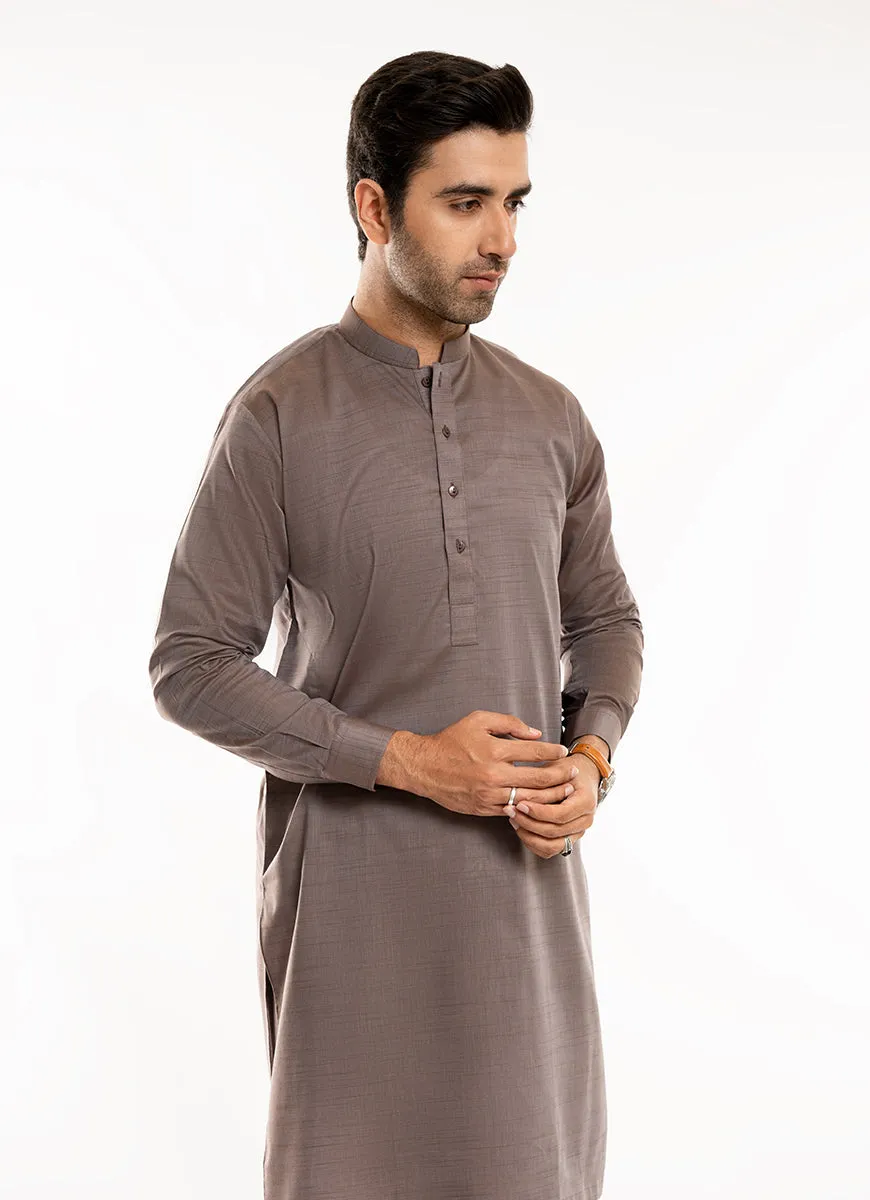 Self Textured-Medium Brown, Yarn Dyed Melange Cotton Shalwar Kameez