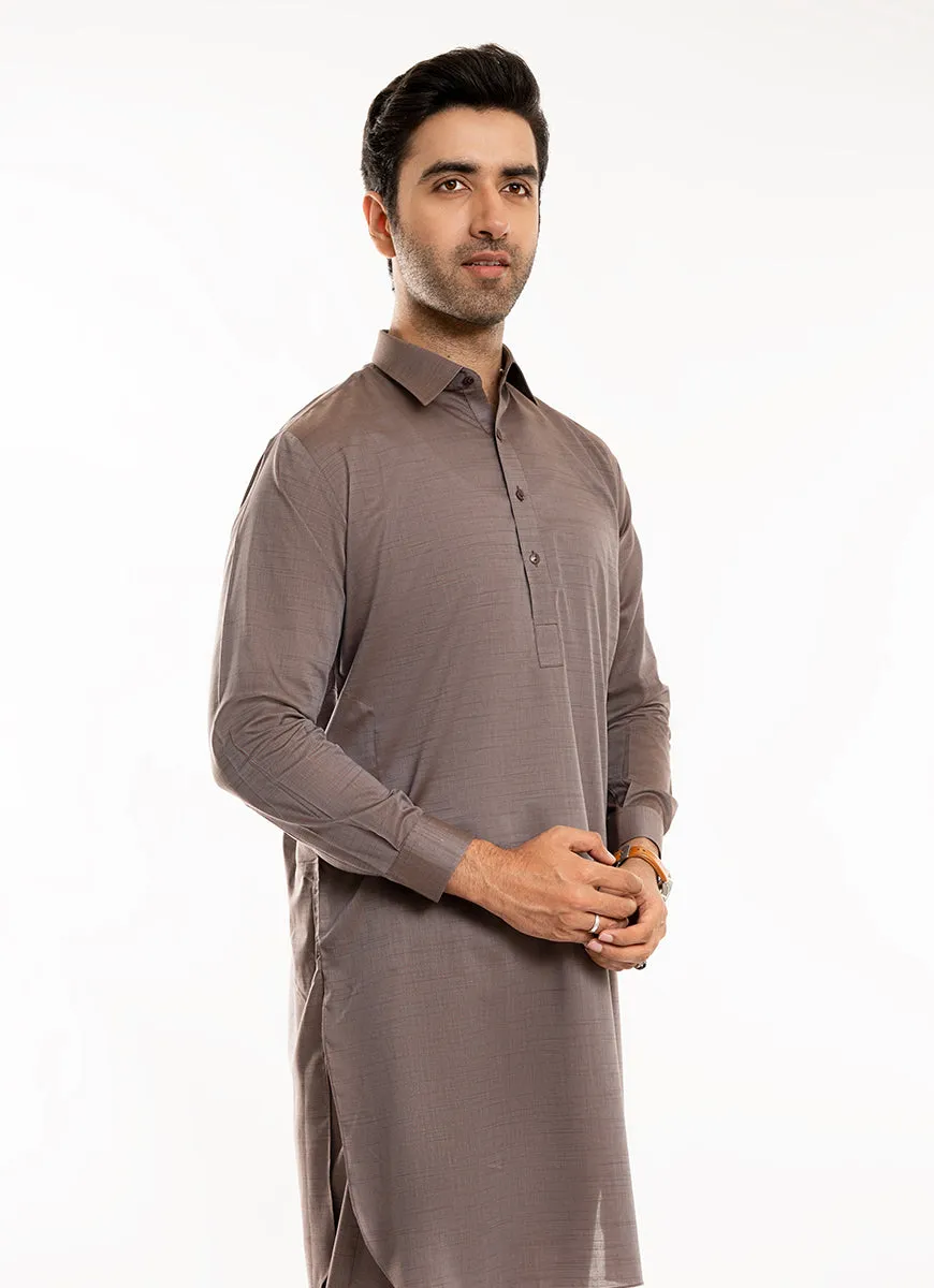 Self Textured-Medium Brown, Yarn Dyed Melange Cotton Shalwar Kameez