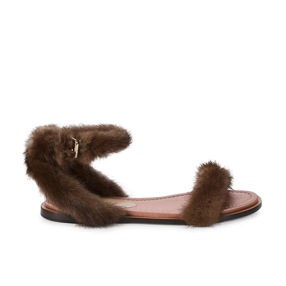 Valentino Women's Mink Fur Leather Ankle-Strap Flat Sandals Brown