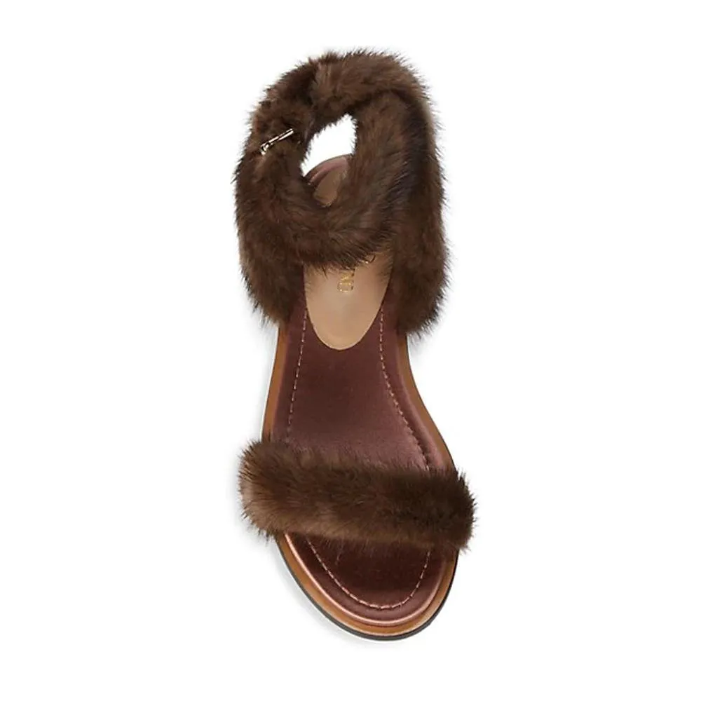 Valentino Women's Mink Fur Leather Ankle-Strap Flat Sandals Brown