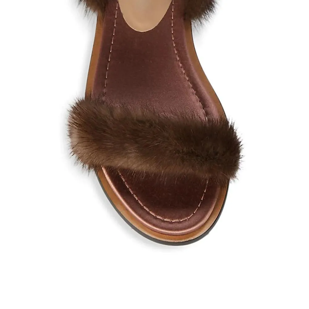 Valentino Women's Mink Fur Leather Ankle-Strap Flat Sandals Brown