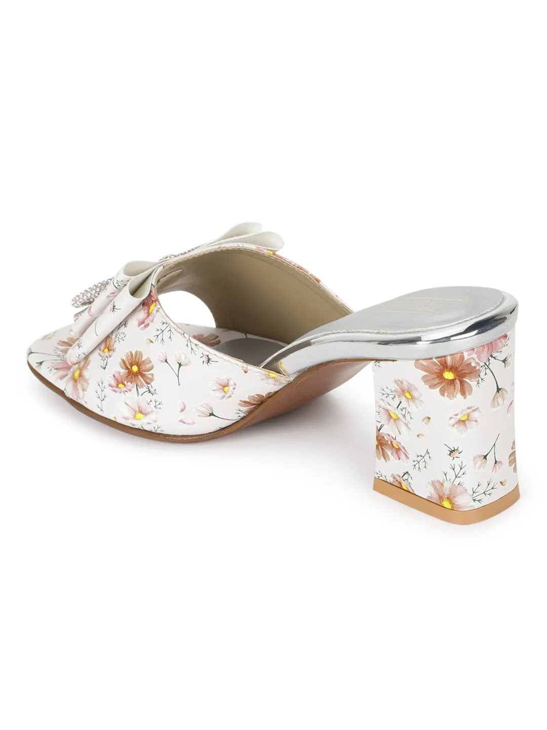White PU Floral Diamante Bow Block Heel Mules (TC-SLC-R550-SIL)