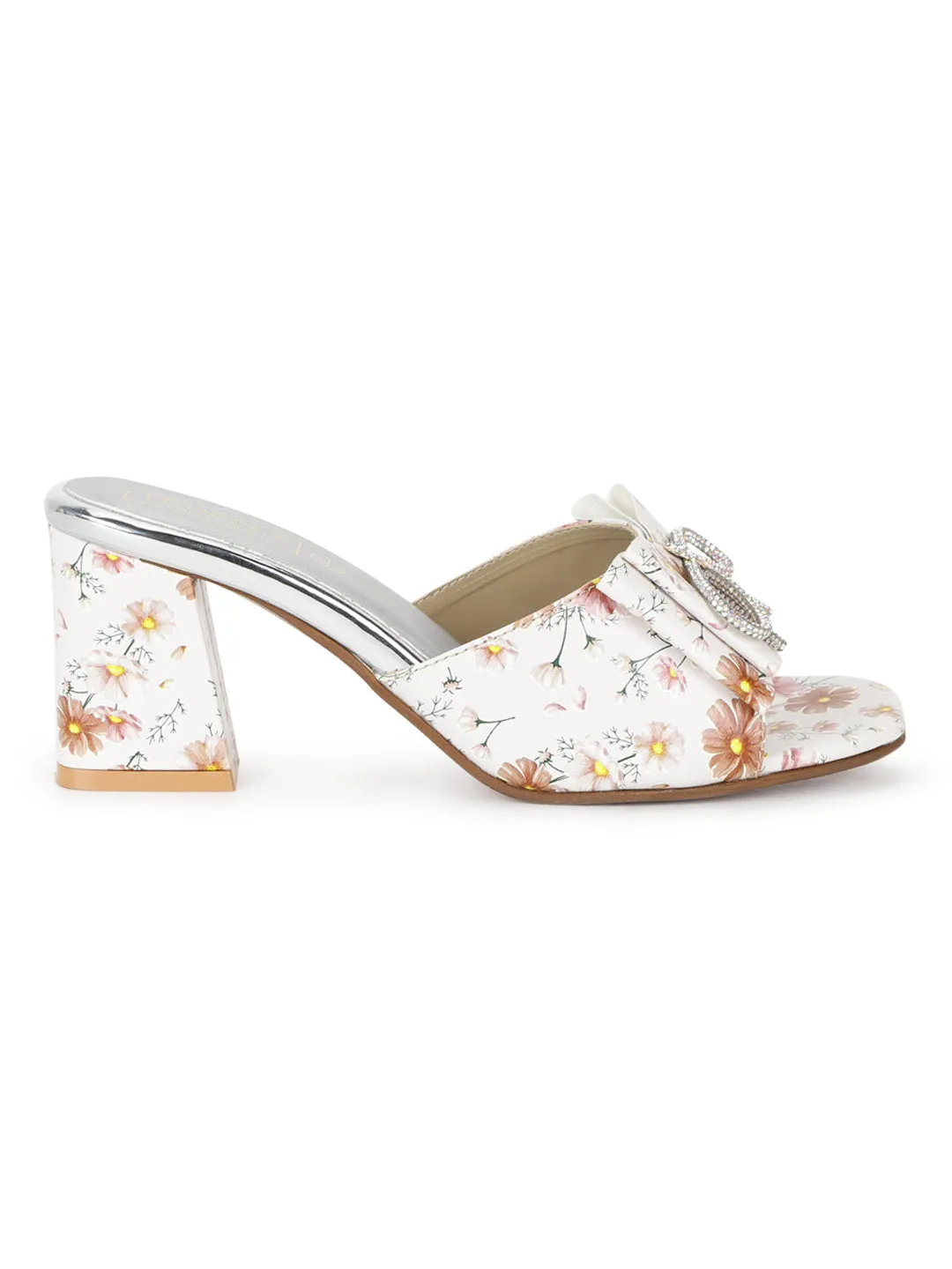 White PU Floral Diamante Bow Block Heel Mules (TC-SLC-R550-SIL)
