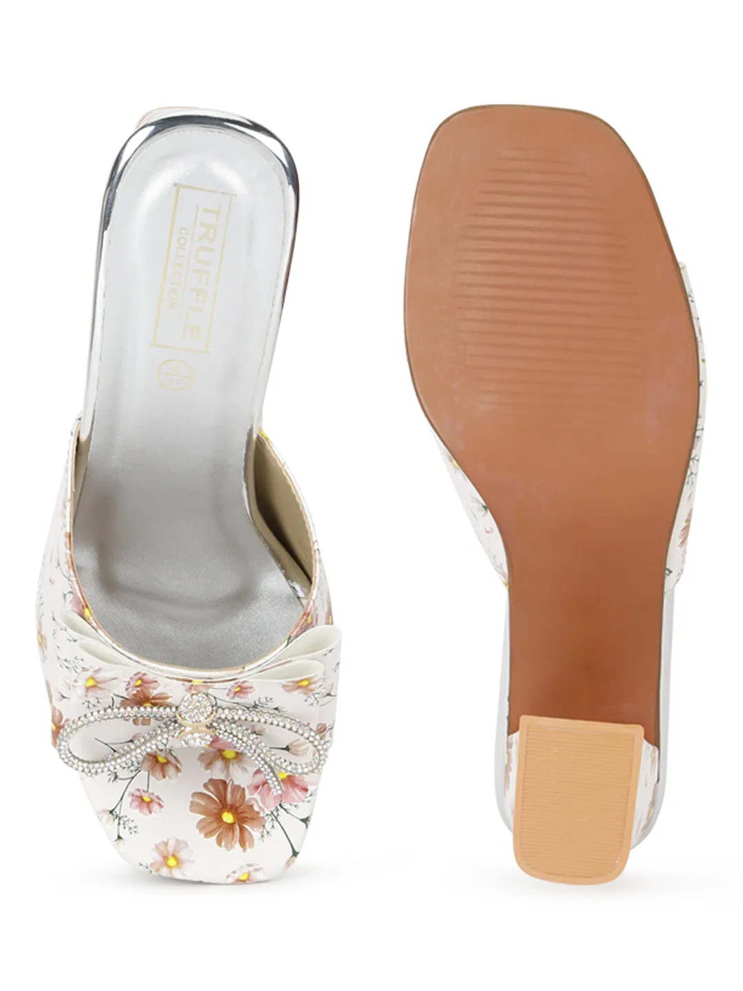 White PU Floral Diamante Bow Block Heel Mules (TC-SLC-R550-SIL)