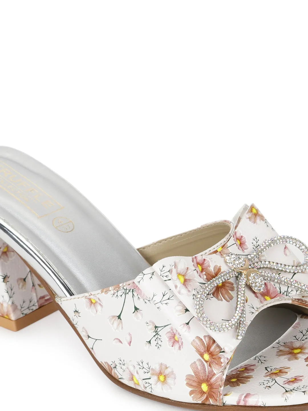 White PU Floral Diamante Bow Block Heel Mules (TC-SLC-R550-SIL)